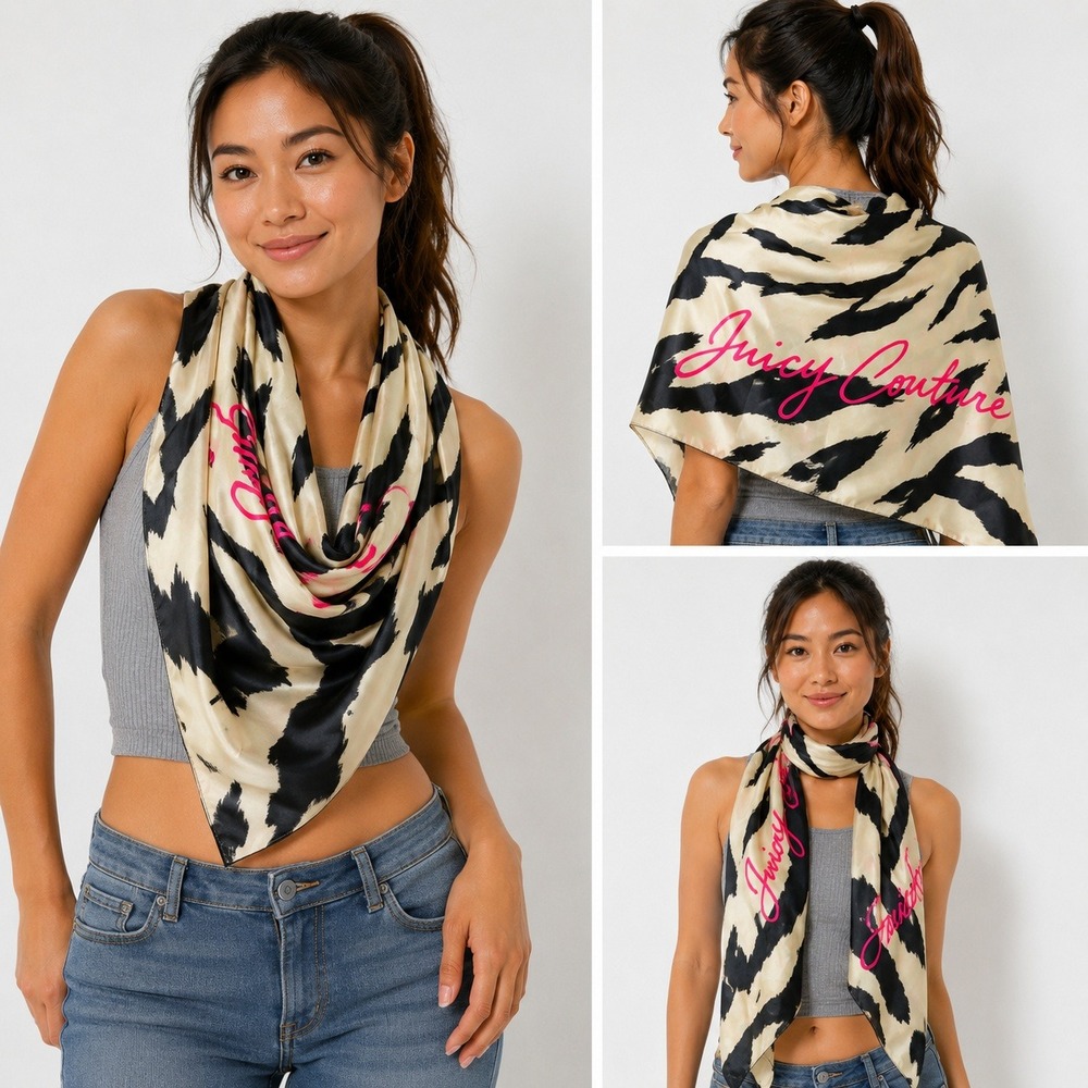 NWT Juicy Couture Los Angeles Satin Scarf Tiger Cheetah Print Pink Logo One Size